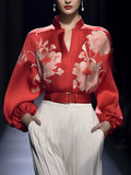 Long Sleeves Loose Buckle Elasticity Flower Print Stand Collar Blouses&Shirts Tops