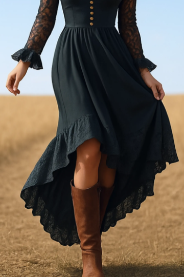 Boho Dress Black V Neck Ruffle Lace Long Sleeve High-Low Hem Dress