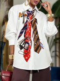 Loose Three-Quarter Sleeves Buttoned Contrast Color Printed Split-Joint Lapel Blouses&Shirts Tops
