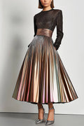 Party Prom Dress Metallic Fabric Colorful Long Sleeve Pocket Pleated Midi Dress