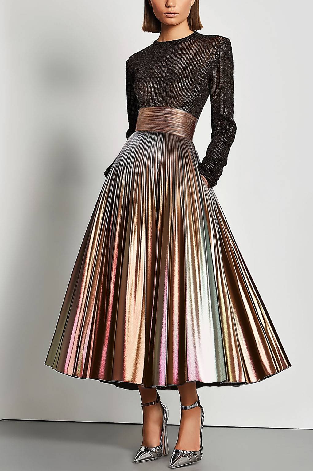 Party Prom Dress Metallic Fabric Colorful Long Sleeve Pocket Pleated Midi Dress