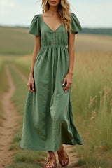 Bohemian Dress Green V Neck Ruched Maxi Dress