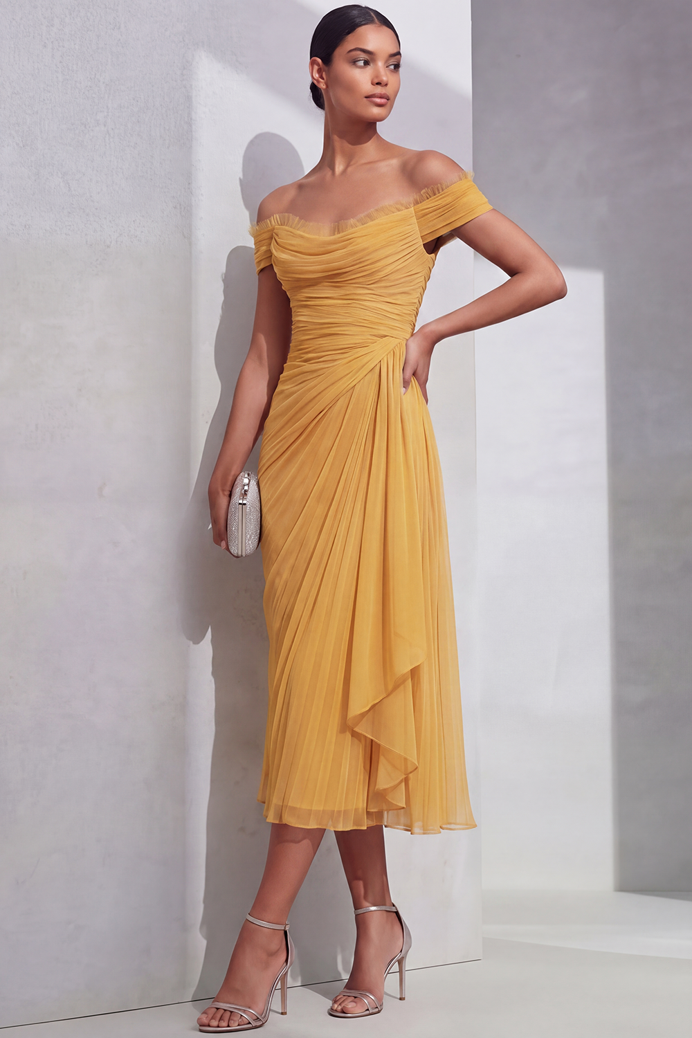 Lilac Formal Evening Dress Off the Shoulder Pleated Chiffon Midi Dress