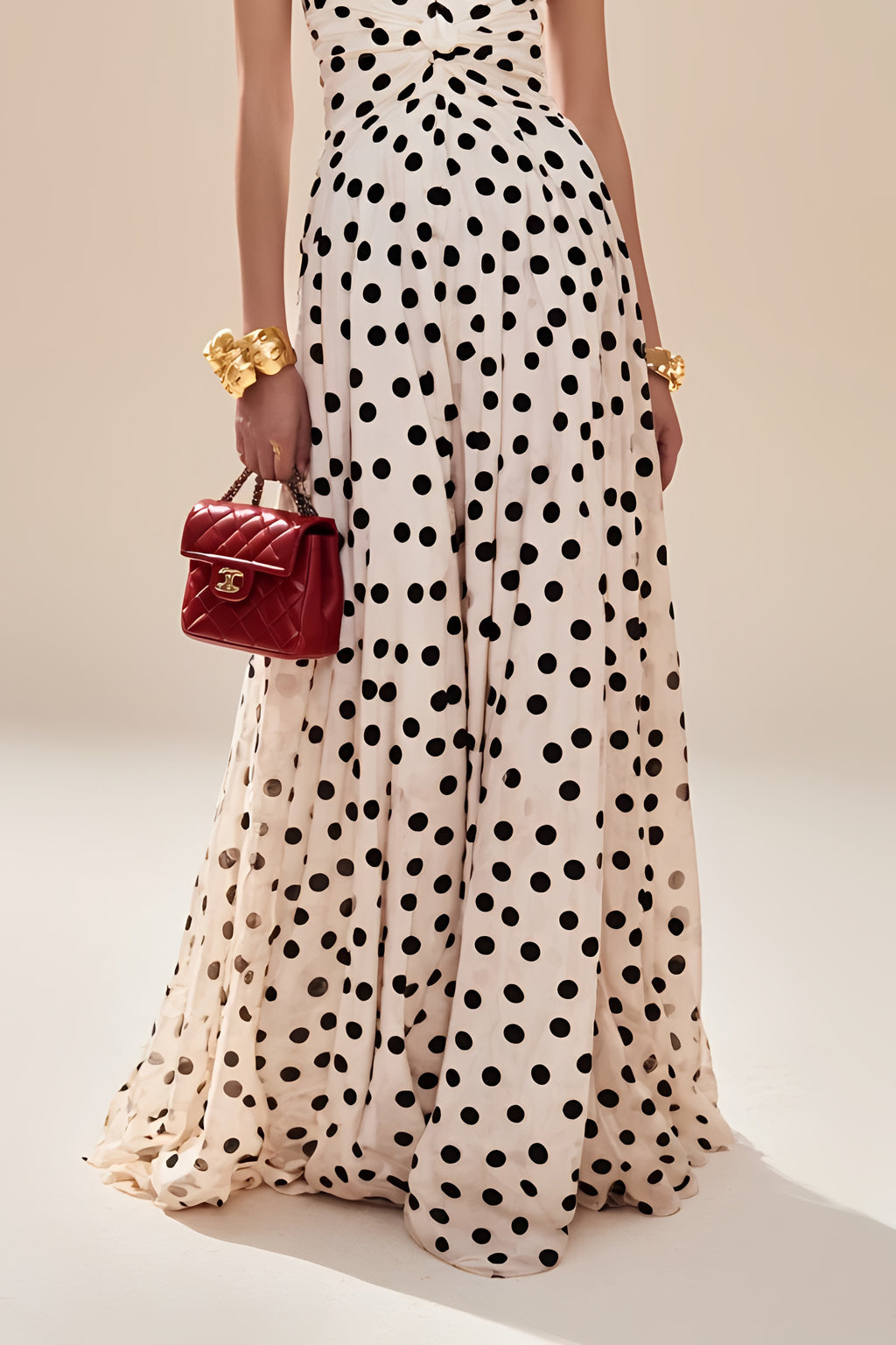 Vacation Party White Dress Spaghetti Strap Black Polka Dot Maxi Gown