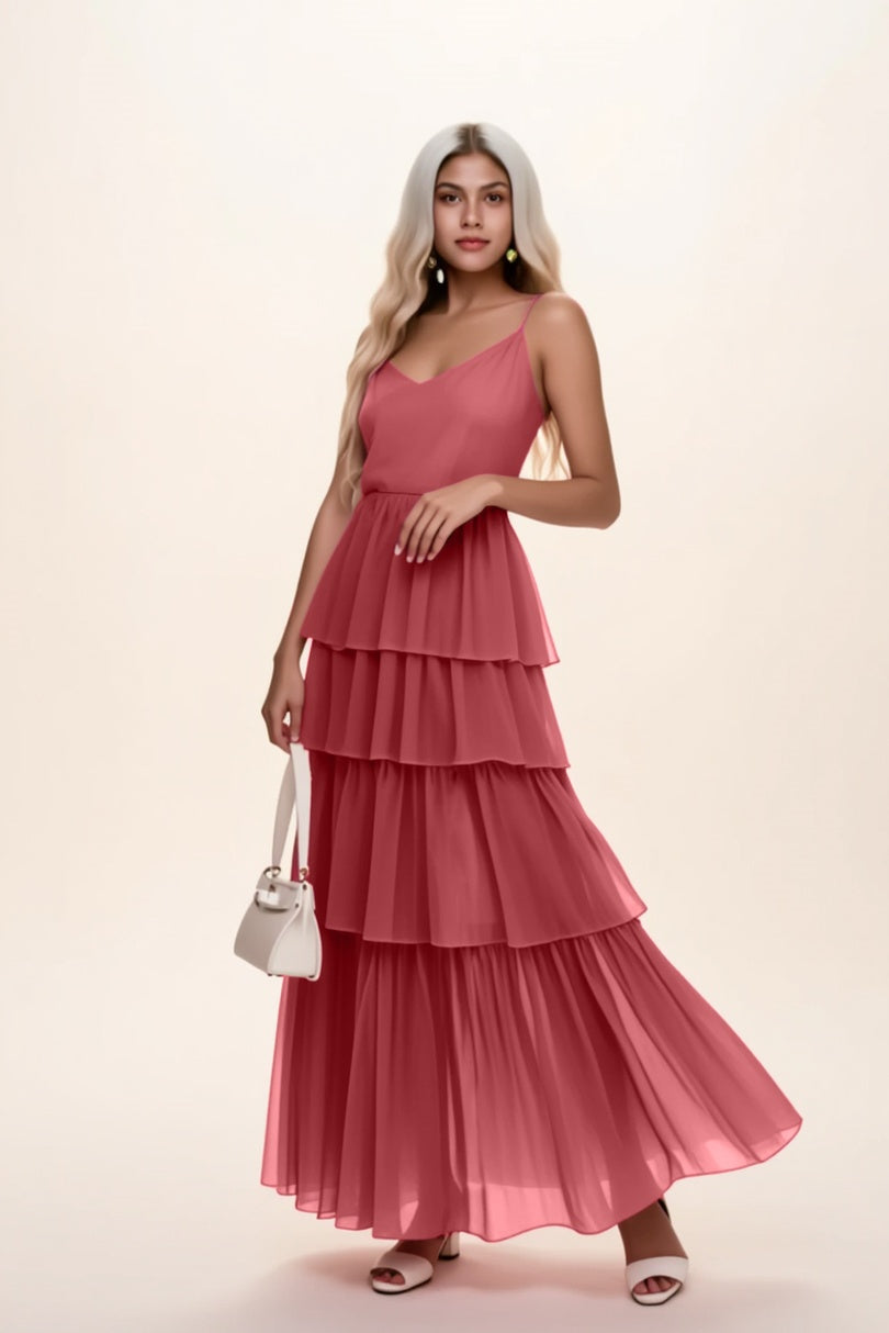 Vacation Party Tiered Dress Rose Red V Neck Chiffon Maxi Dress