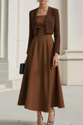 Work Suit Sets Brown Long Sleeve Ankle-Length Skirt Set