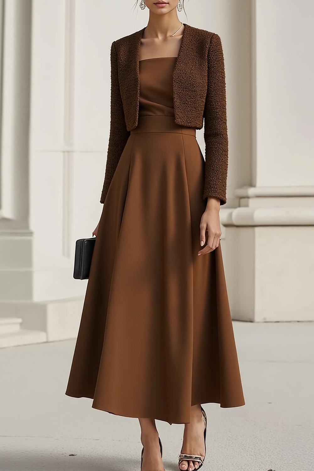 Work Suit Sets Brown Long Sleeve Ankle-Length Skirt Set