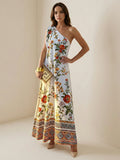 A-Line Sleeveless Contrast Color Flower Print Geometric Split-Joint One-Shoulder Maxi Dresses