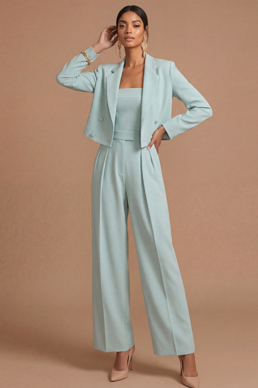 Lake Blue Work Blazer Suit Sets Lapel Long Sleeve Pants Set