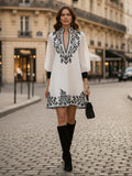 A-Line Long Sleeves Contrast Color Flower Print Hollow Split-Joint Stand Collar Mini Dresses