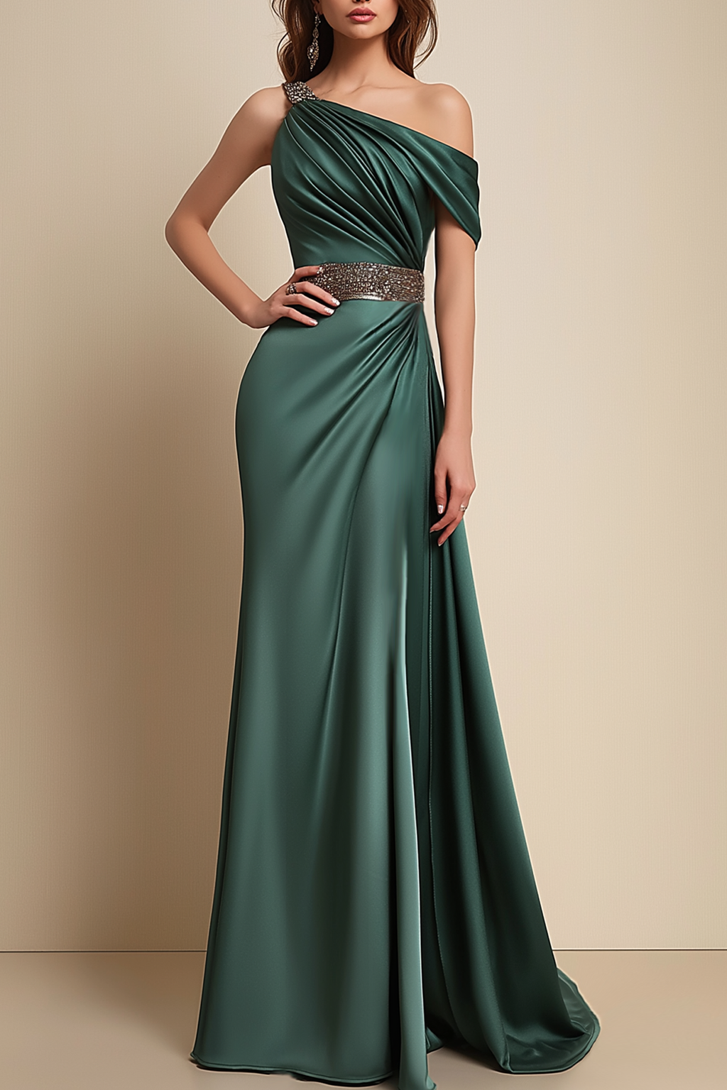 Formal Dress Green One-Shoulder Rhinestone Waist Belt Maxi Dress