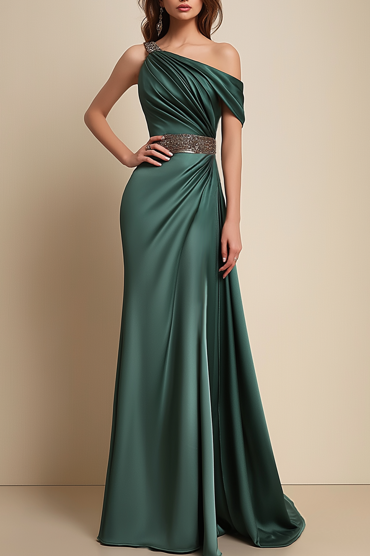 Formal Dress Green One-Shoulder Rhinestone Waist Belt Maxi Dress