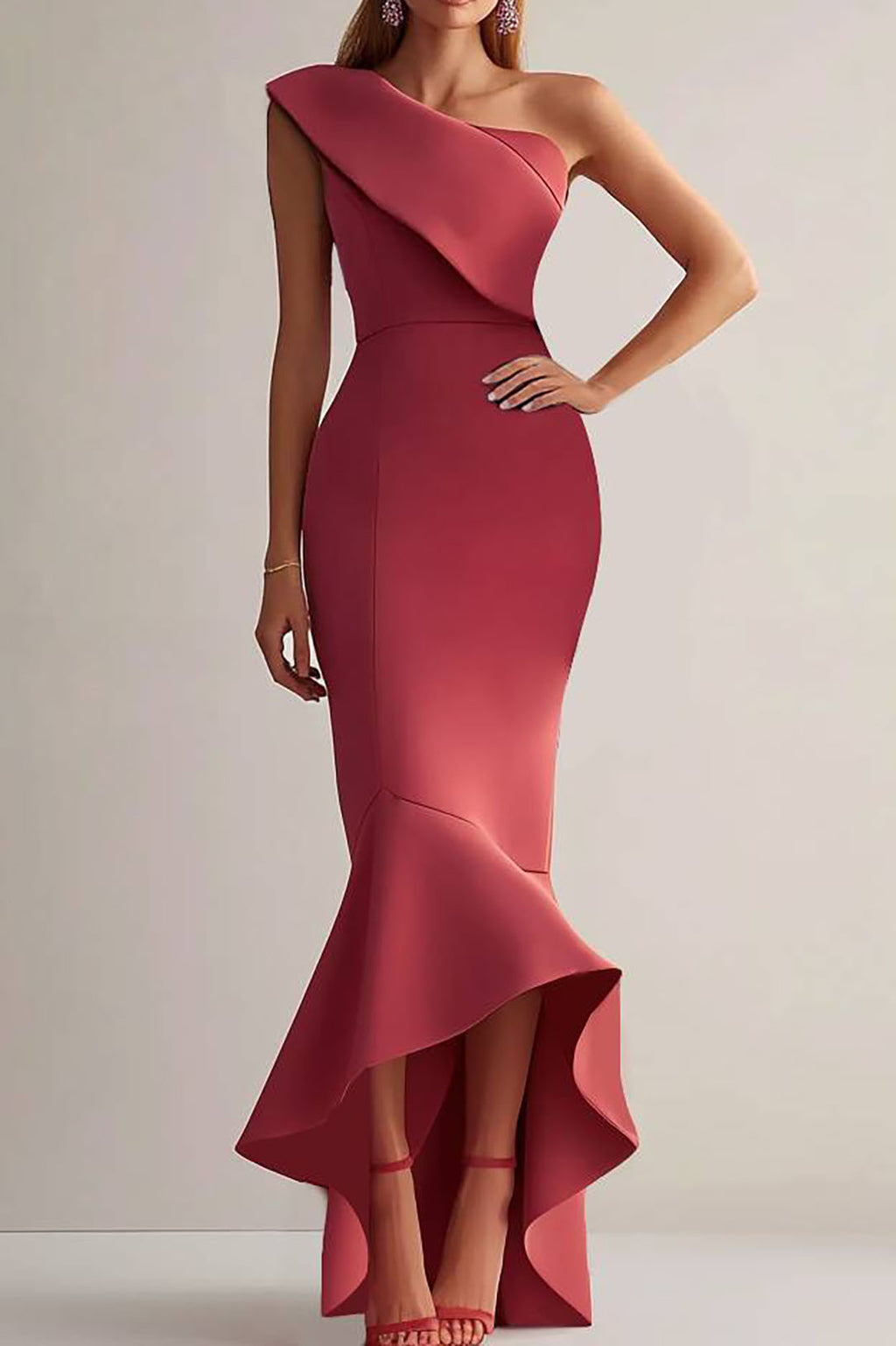 Party Semi-Formal Dress Red One-Shoulder Ruffle Mermaid Bodycon Maxi Dress