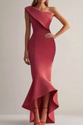 Party Semi-Formal Dress Red One-Shoulder Ruffle Mermaid Bodycon Maxi Dress