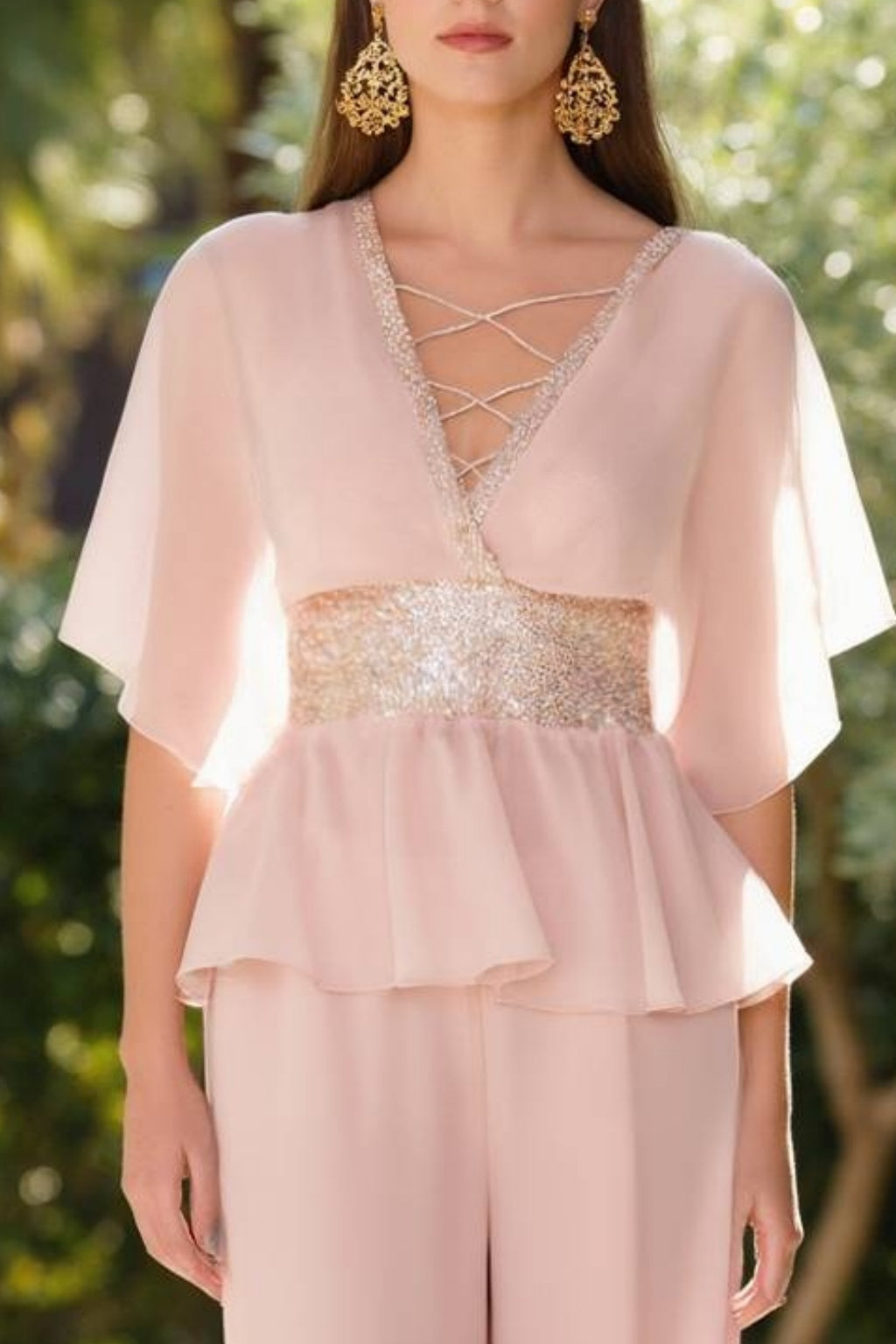 Daily Outfit Sets Pink V Neck Belted Chiffon Pants Set