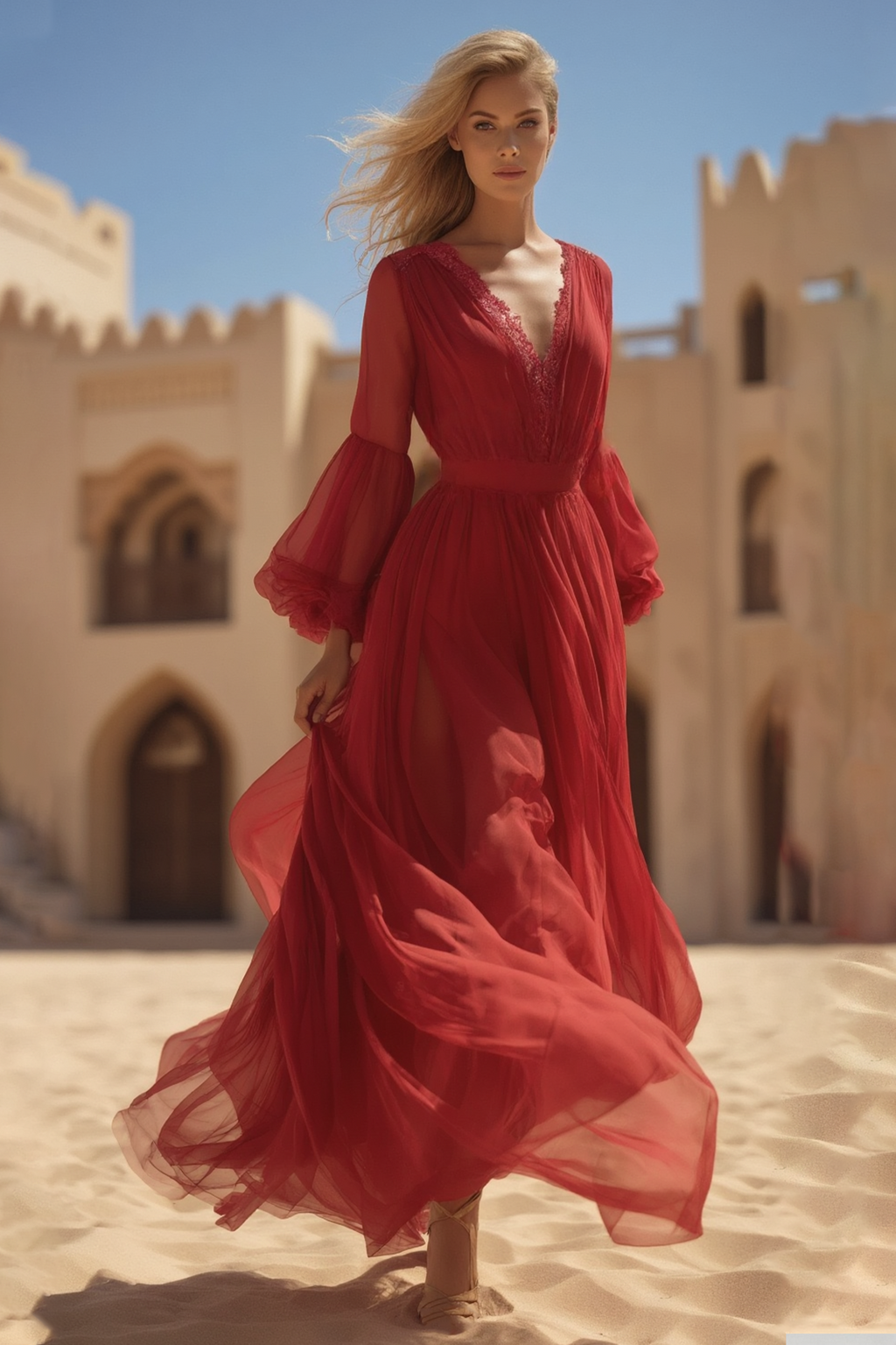 Bohemian Swing Dress Red V Neck Lace Maxi Dress