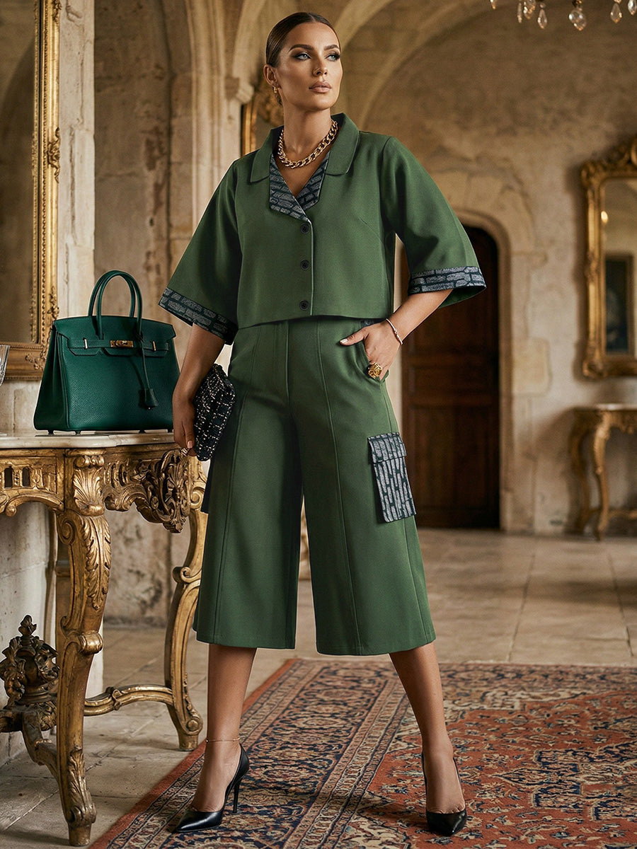 Loose Short Sleeves Buttoned Contrast Color Split-Joint Lapel Blouses&Shirts Tops