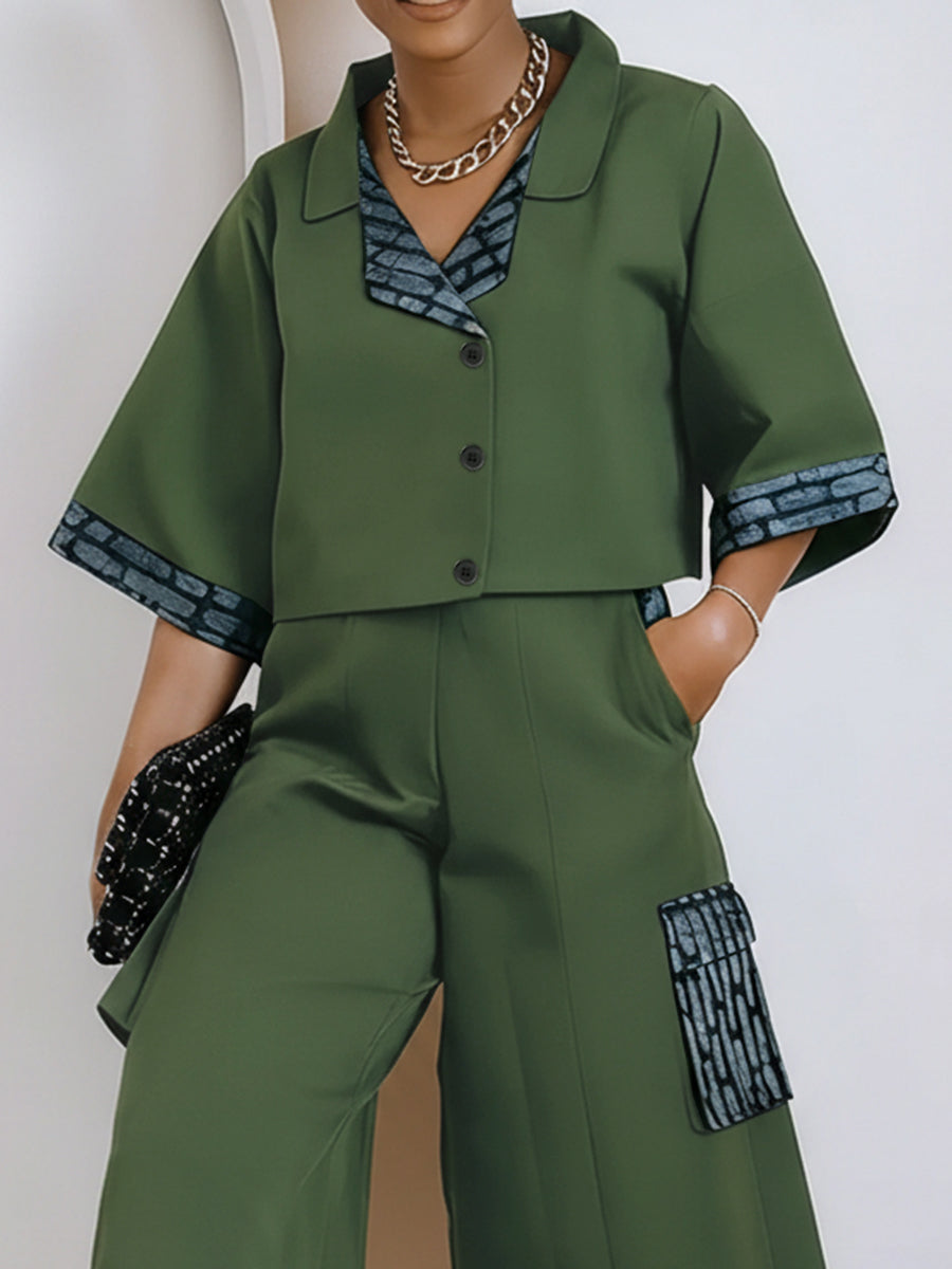 Loose Short Sleeves Buttoned Contrast Color Split-Joint Lapel Blouses&Shirts Tops