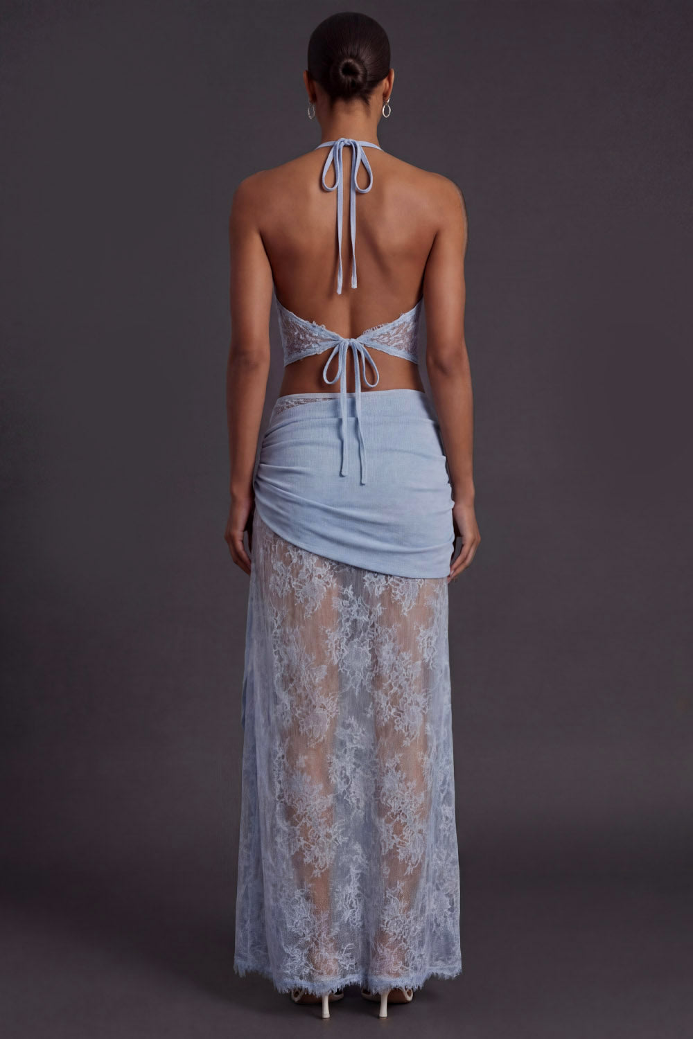 Sky Blue Formal Evening Outfit Sets Halter Slit Skirts Set