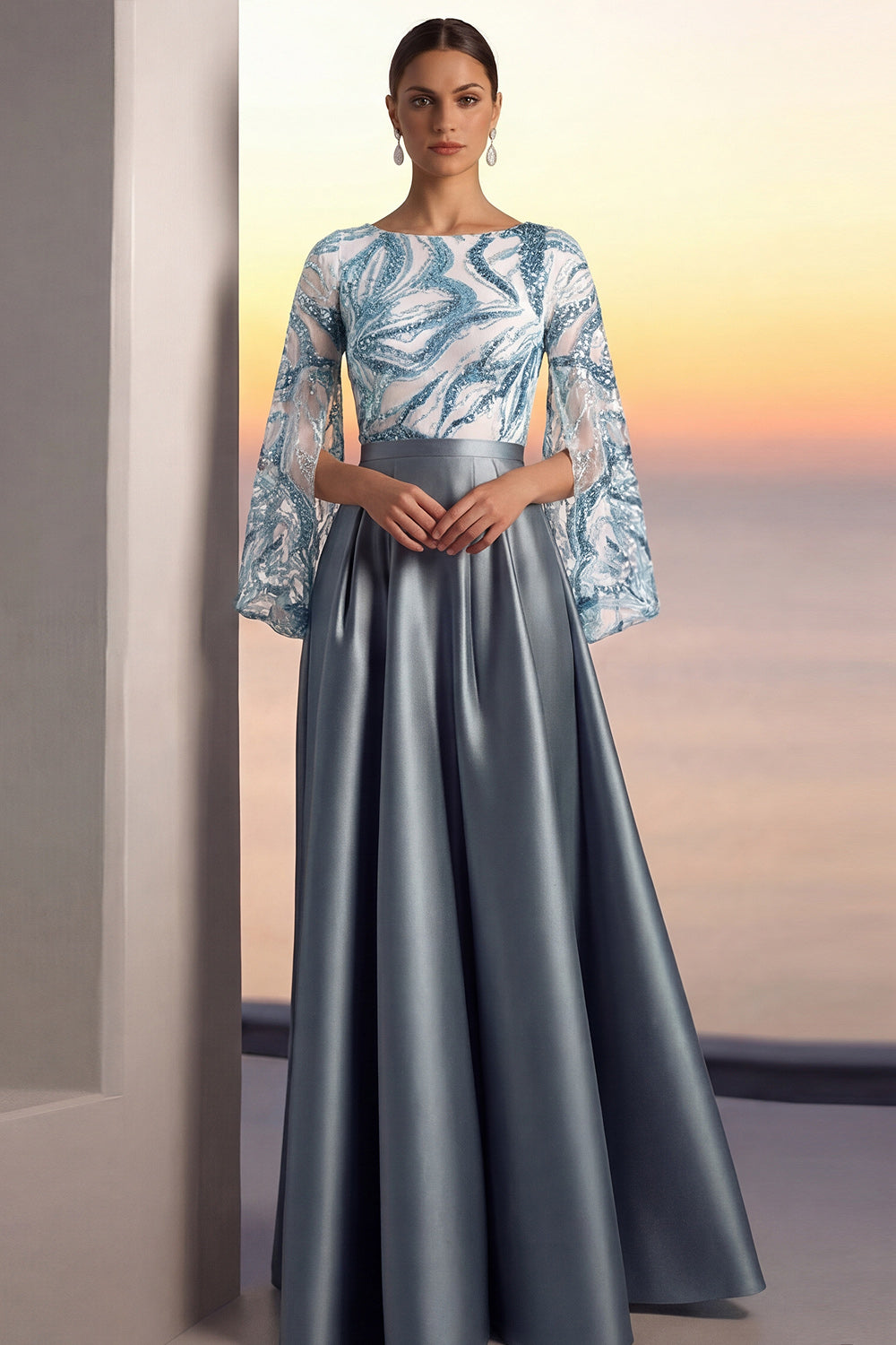 Dusty Blue Wedding Guest Dress A-Line Crew Neck Sequin Maxi Dress