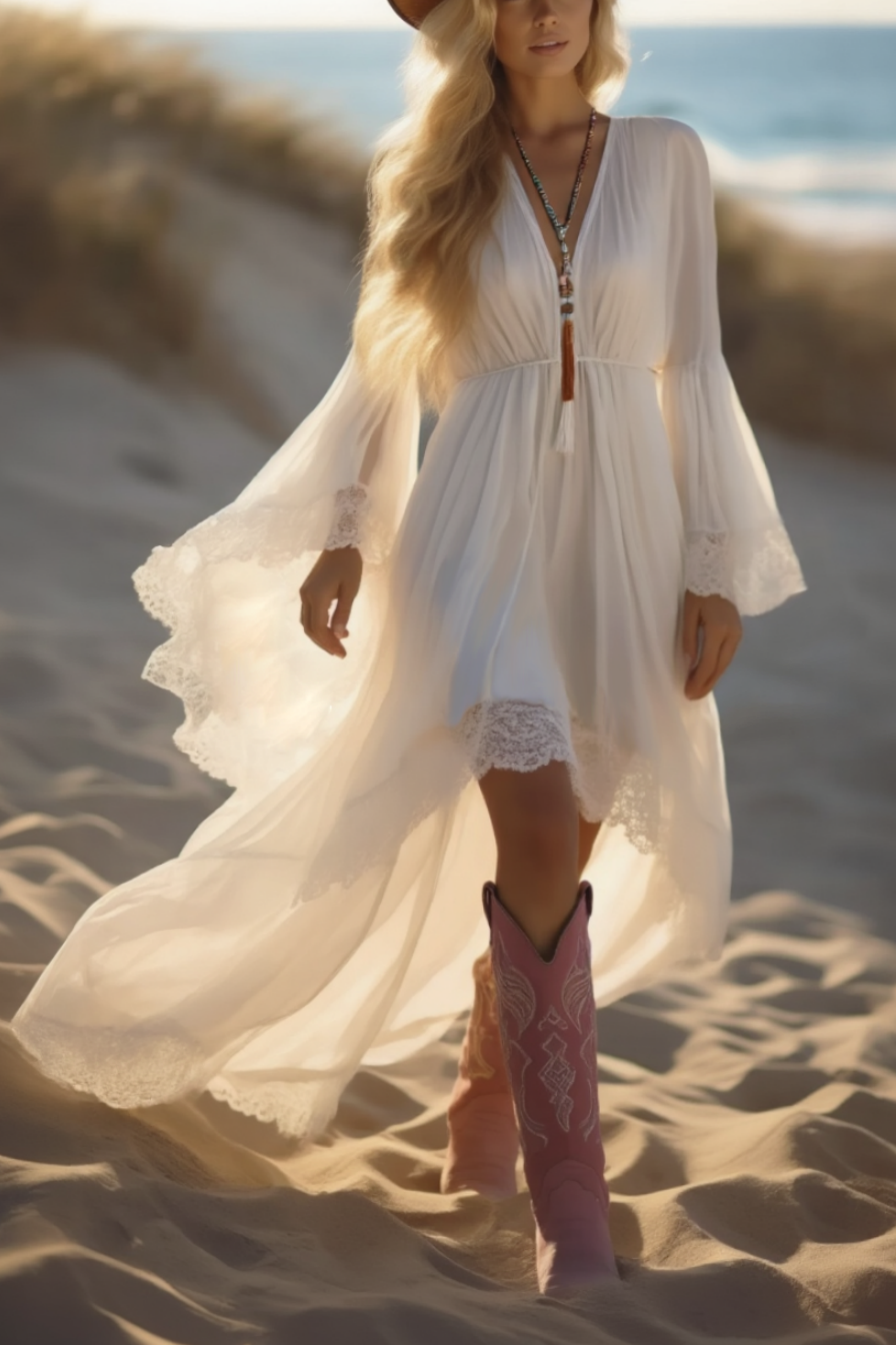 Bohemian Beach Swing Dress White Long Sleeve Plus High Low Maxi Dress