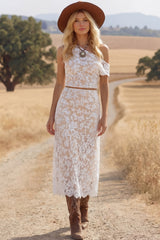 White Boho Set Sheath Off the Shoulder Lace Midi Skirt Two-Piece Set