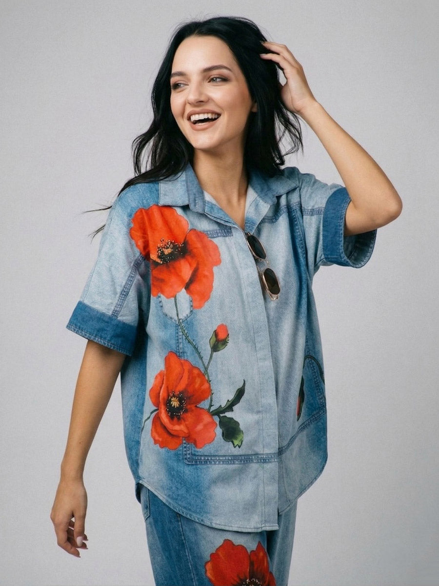 Loose Short Sleeves Buttoned Contrast Color Flower Print Lapel Blouses&Shirts Tops
