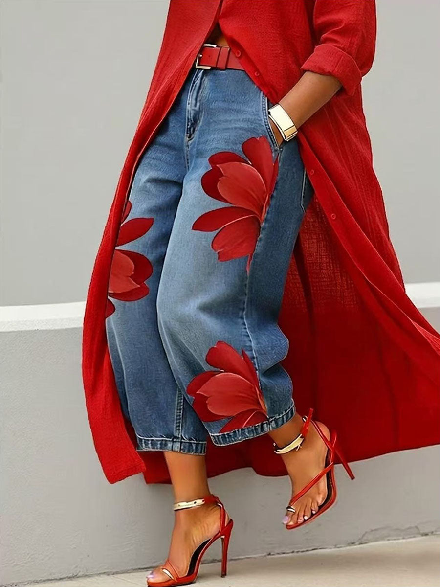 Loose Wide Leg Flower Print No Belt Pockets Jean Pants Bottoms Ninth Pants