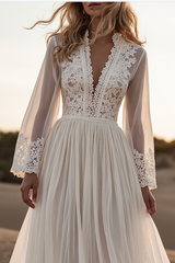 Bohemian Lace Dress White Deep V Long Sleeve Maxi Dress