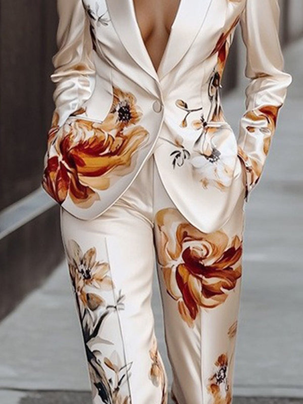 High Waisted Flower Print Pockets Pants Trousers