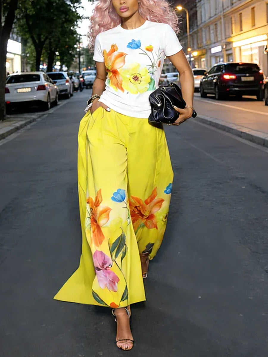 High Waisted Loose Flower Print Pockets Solid Color Pants Trousers