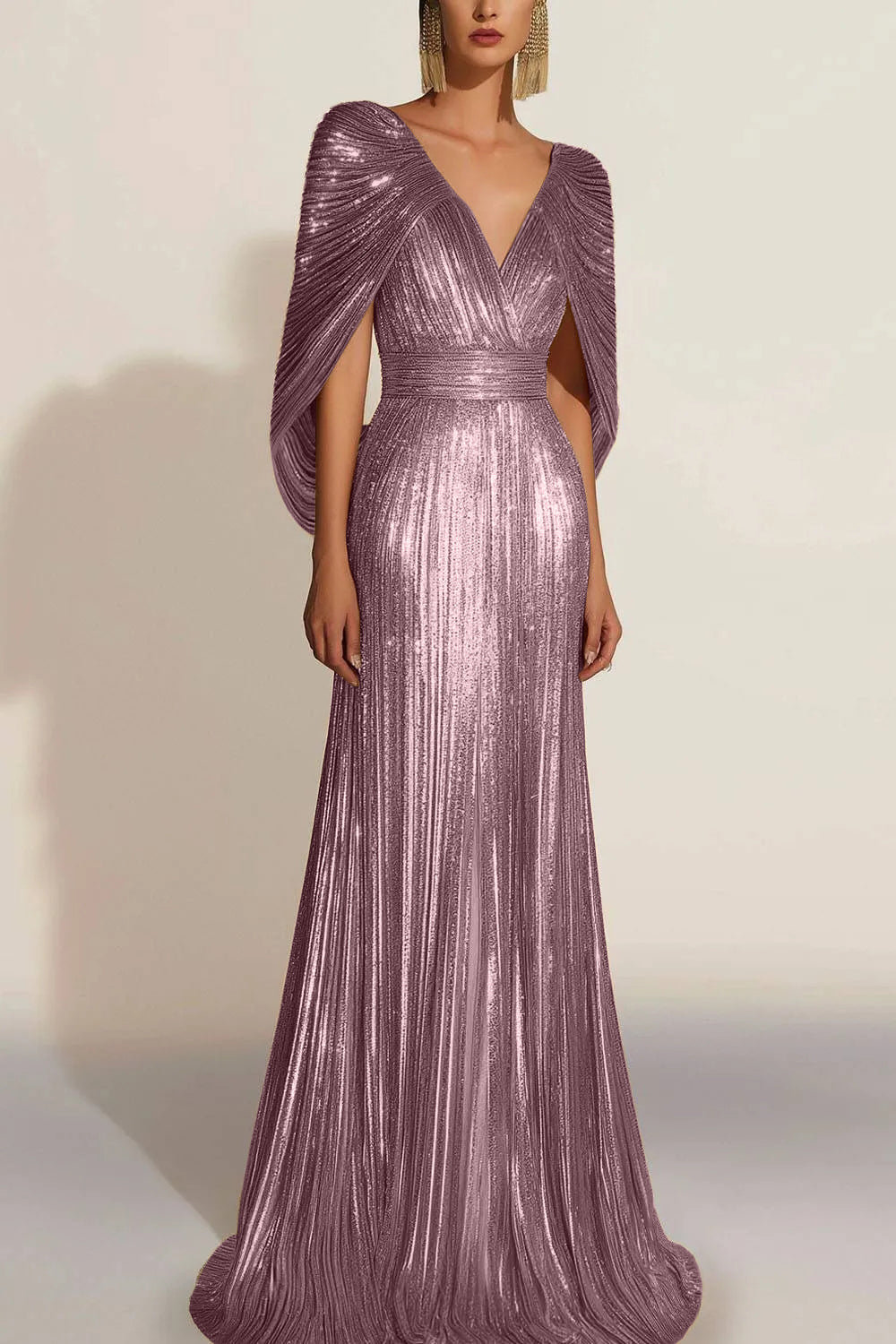 Formal Evening Fringe Dress Gold Sequin V Neck Cape Maxi Gown