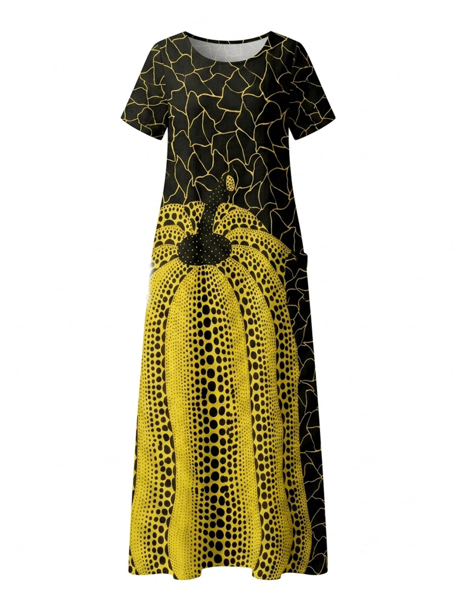 Loose Short Sleeves Contrast Color Pockets Printed Maxi Dresses