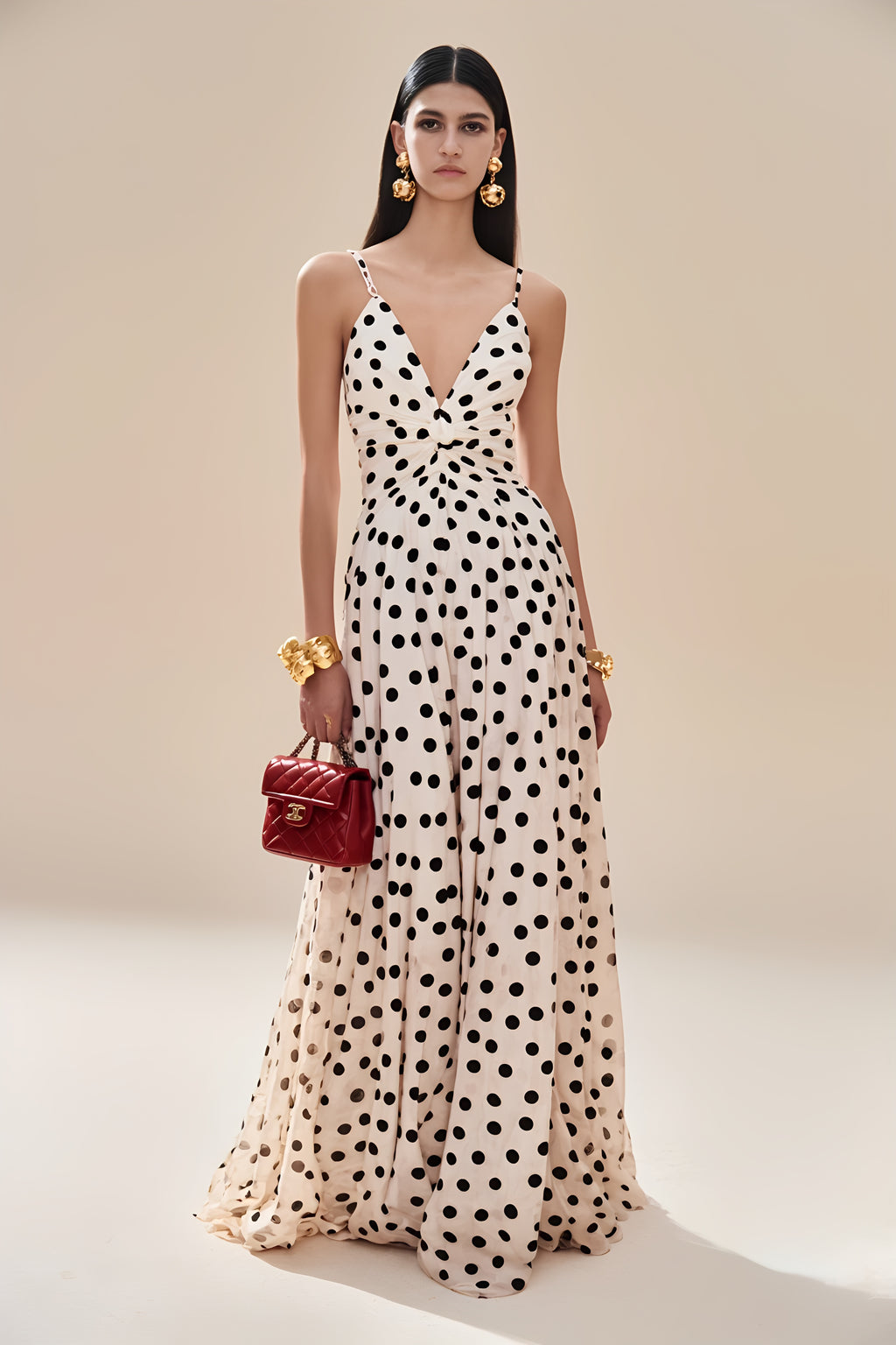 Vacation Party White Dress Spaghetti Strap Black Polka Dot Maxi Gown