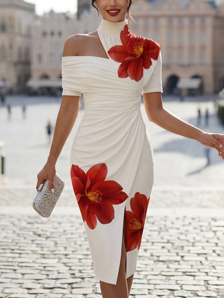 Bodycon Short Sleeves Flower Print Pleated Split-Front High Neck Midi Dresses