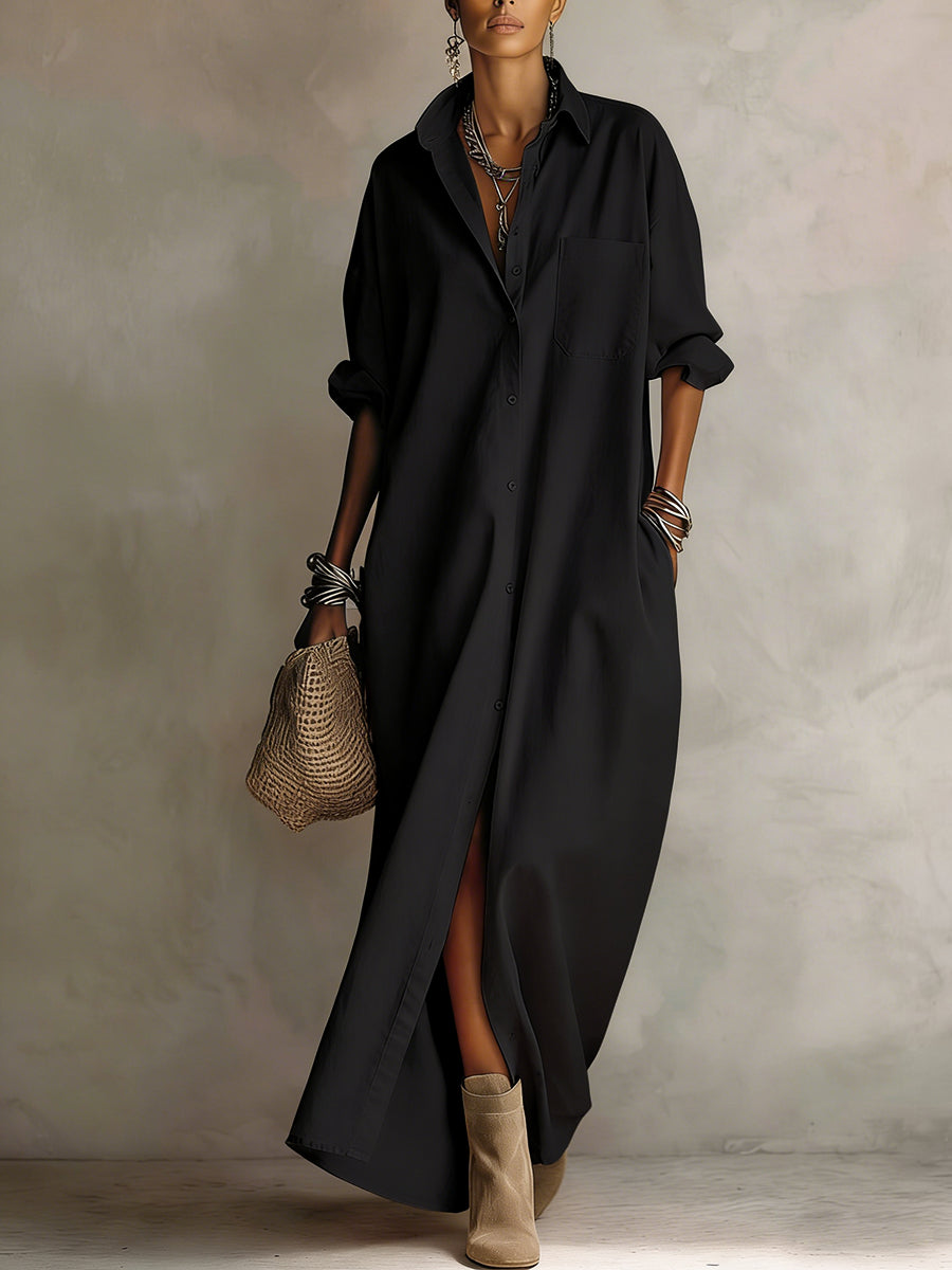 Long Sleeves Loose Buttoned Pockets Solid Color Lapel Maxi Dresses Shirt Dress