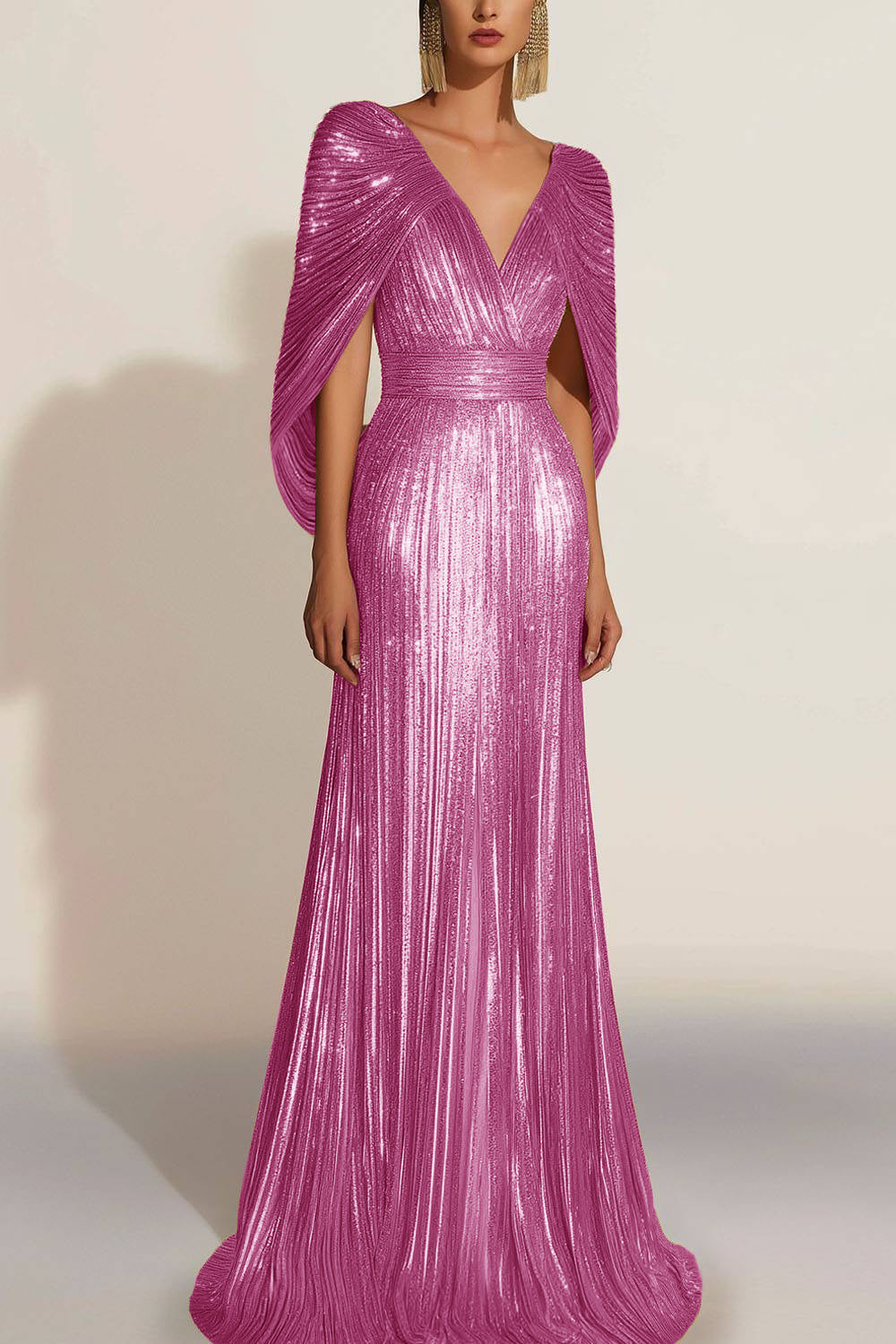 Formal Evening Fringe Dress Gold Sequin V Neck Cape Maxi Gown