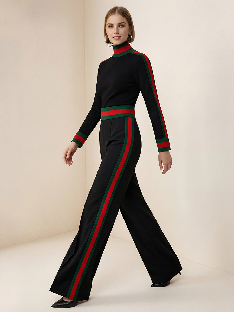 Loose Wide Leg Contrast Color Pockets Split-Joint Striped Pants