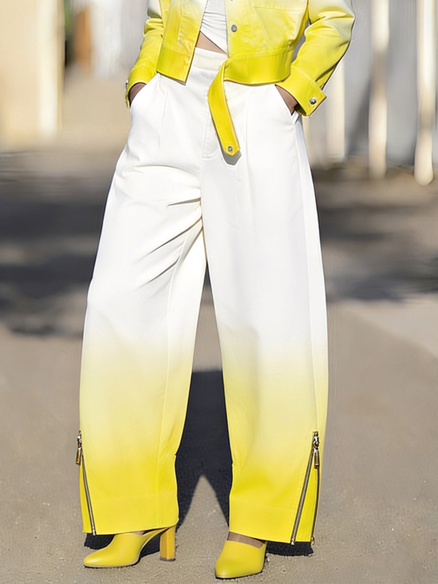 Wide Leg Gradient Pockets Zipper Pants Trousers