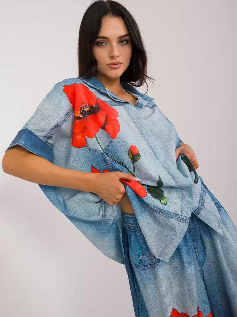 Loose Short Sleeves Buttoned Contrast Color Flower Print Lapel Blouses&Shirts Tops
