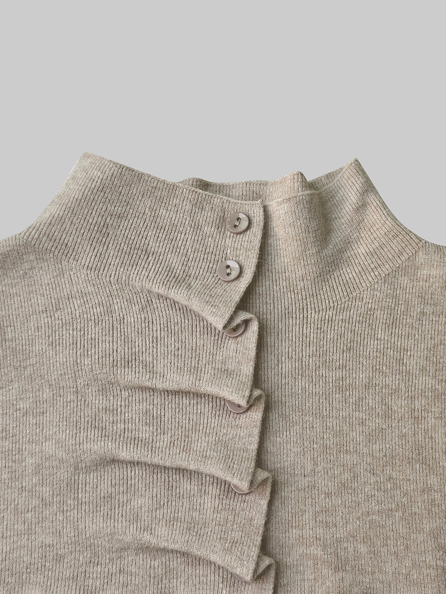 Long Sleeves Pleated Solid Color High Neck Pullovers