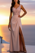 Formal Wedding Guest Dress Pink Wide Strape Maxi Lace Dress