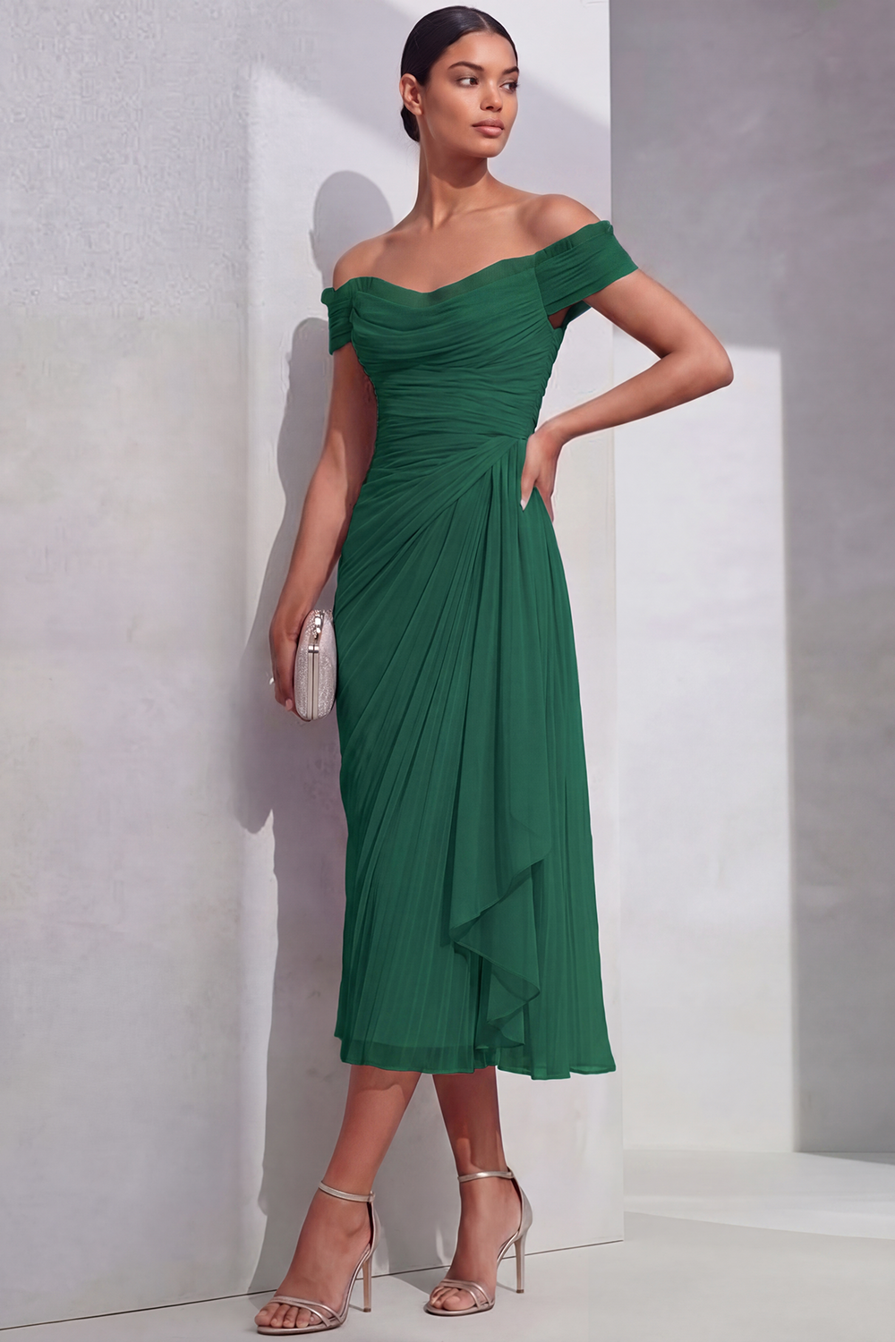 Lilac Formal Evening Dress Off the Shoulder Pleated Chiffon Midi Dress