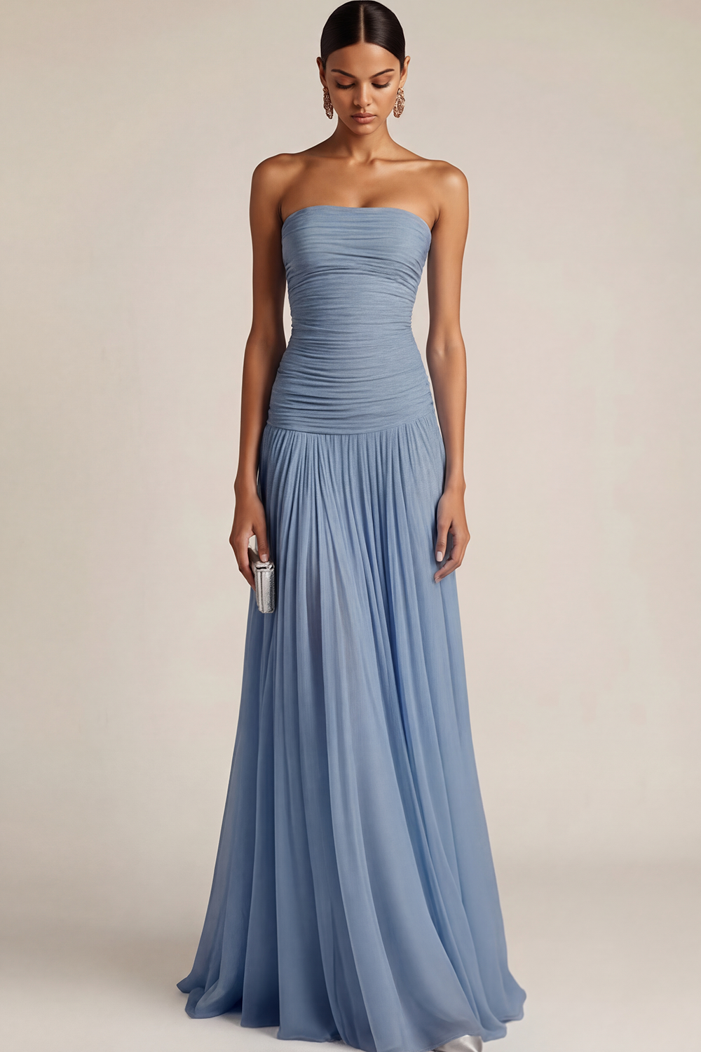 Light Blue Formal Wedding Bridesmaid Dress Strapless Chiffon Maxi Dress