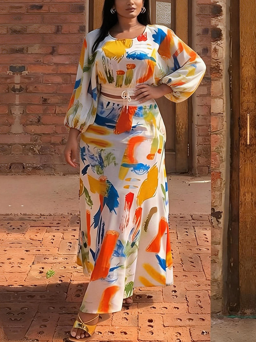A-Line Elasticated Waist Contrast Color Graffiti Printed Split-Joint Skirts Bottoms