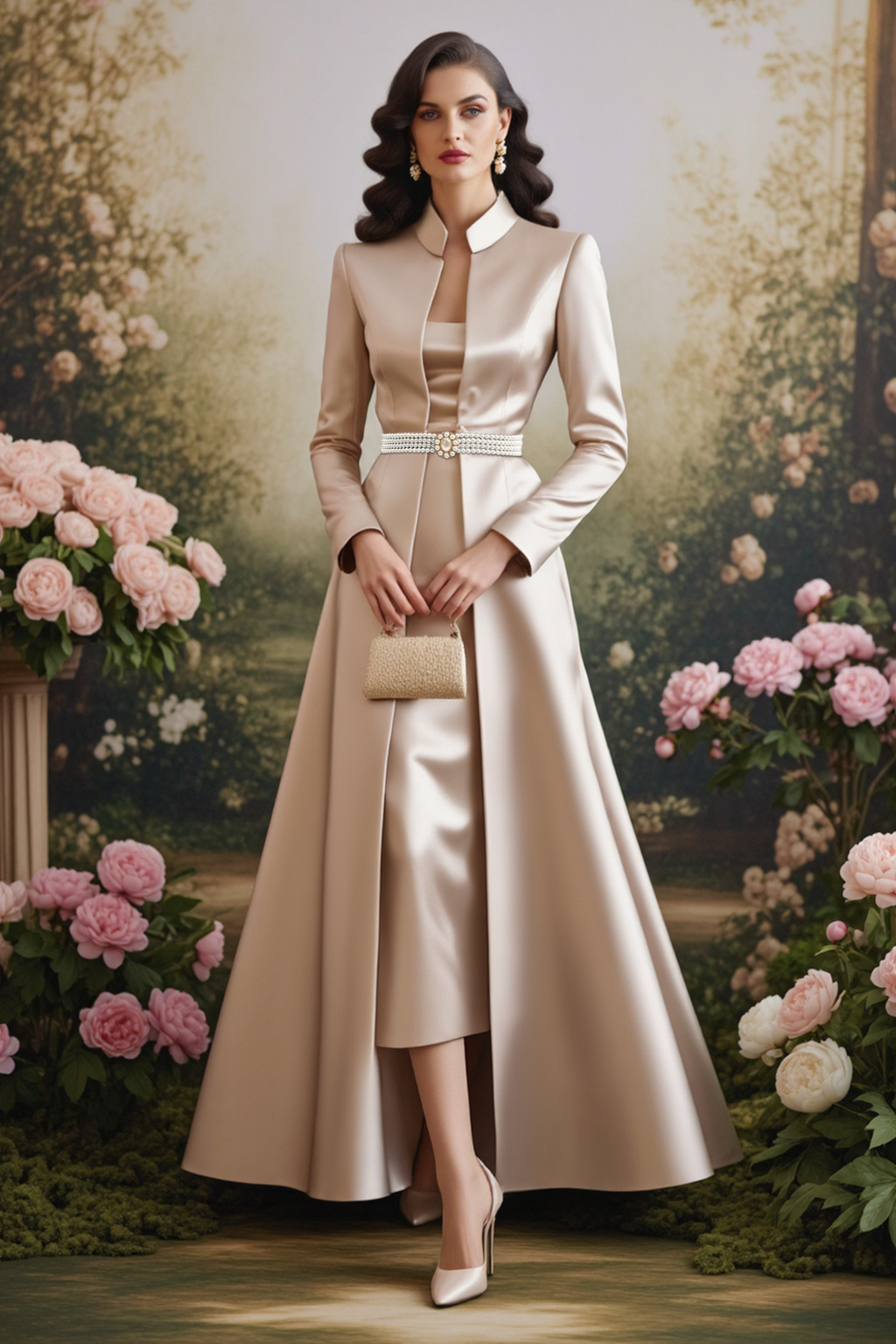 Champagne Formal Set Midi Dress & Maxi Coat with Pearl Belt