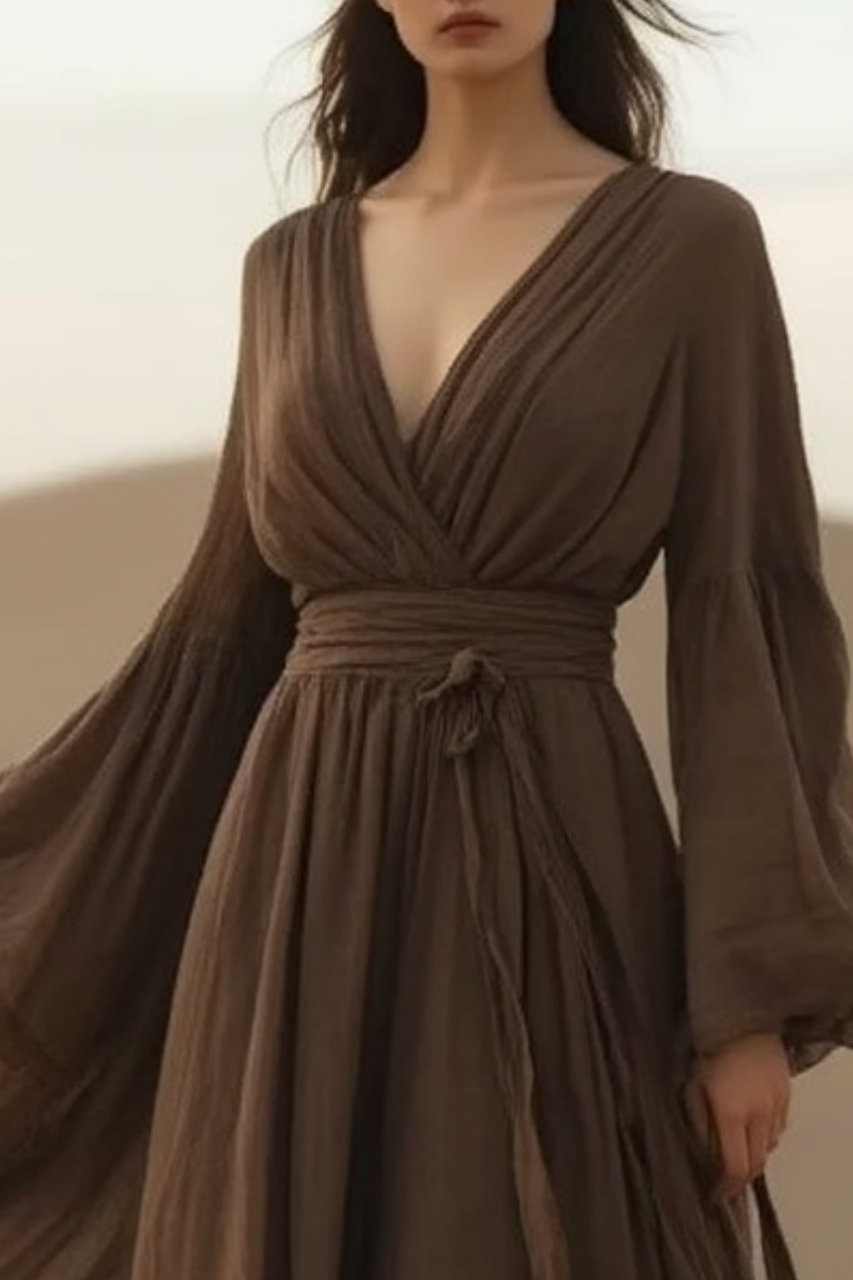 Bohemian Swing Dress Coffee V Neck Maxi Dress