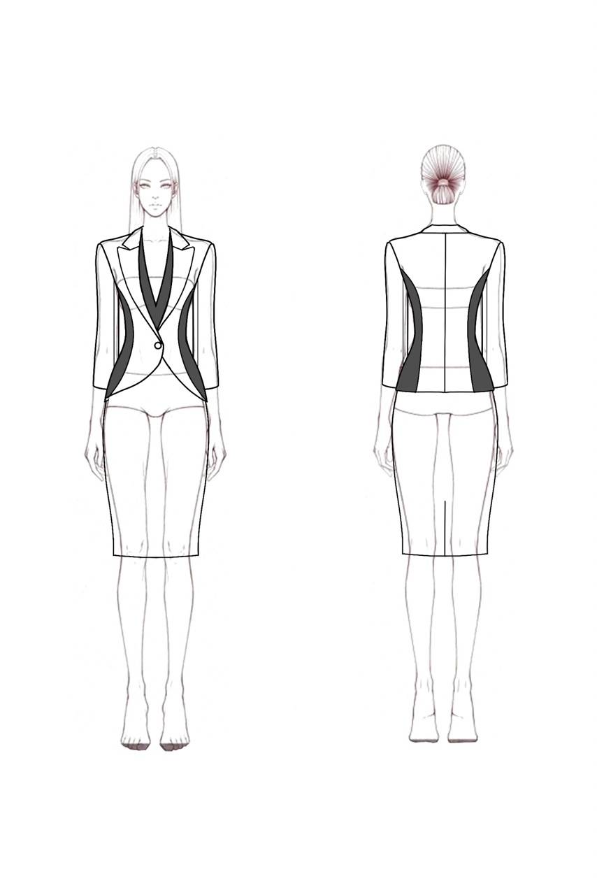 Work Suit Sets Black White V Neck Knee-Length Skirt Set