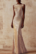 Formal Evening Dress Gold Sequin Sleeveless Mermaid Maxi Dress