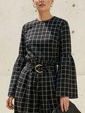 Flared Sleeves Long Sleeves Contrast Color Plaid Split-Joint Round-Neck Blouses&Shirts Tops